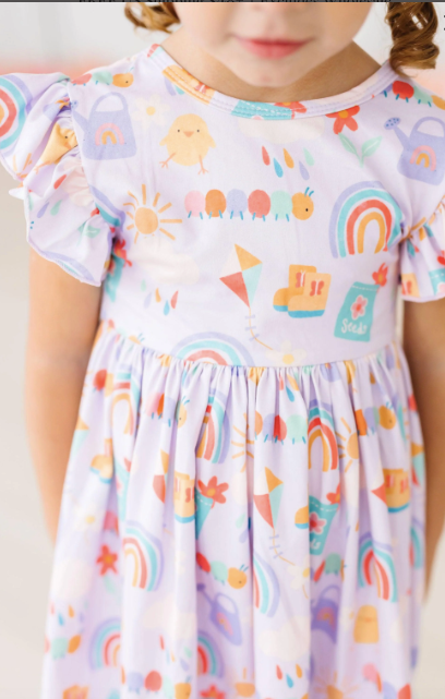 Rainy Day Flutter Sleeve Twirl Dress