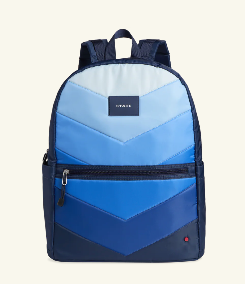 Kane Double Pocket Large Backpack- Nylon Puffer | Blue Chevron - State Bags