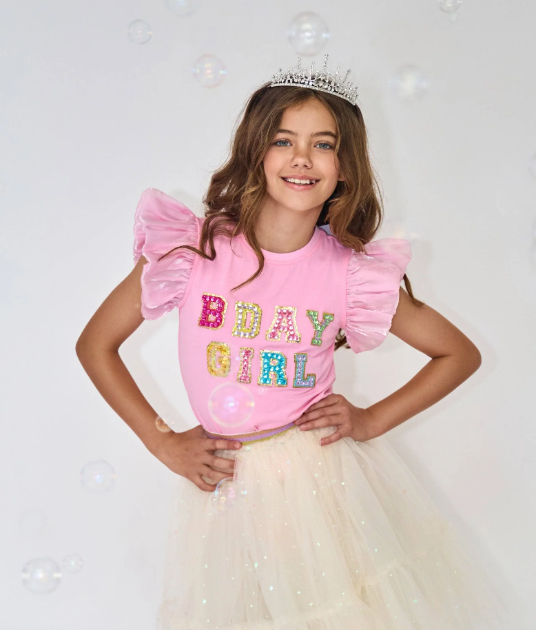 Pink Birthday Girl Gem Ruffle T-Shirt - Lola and the Boys