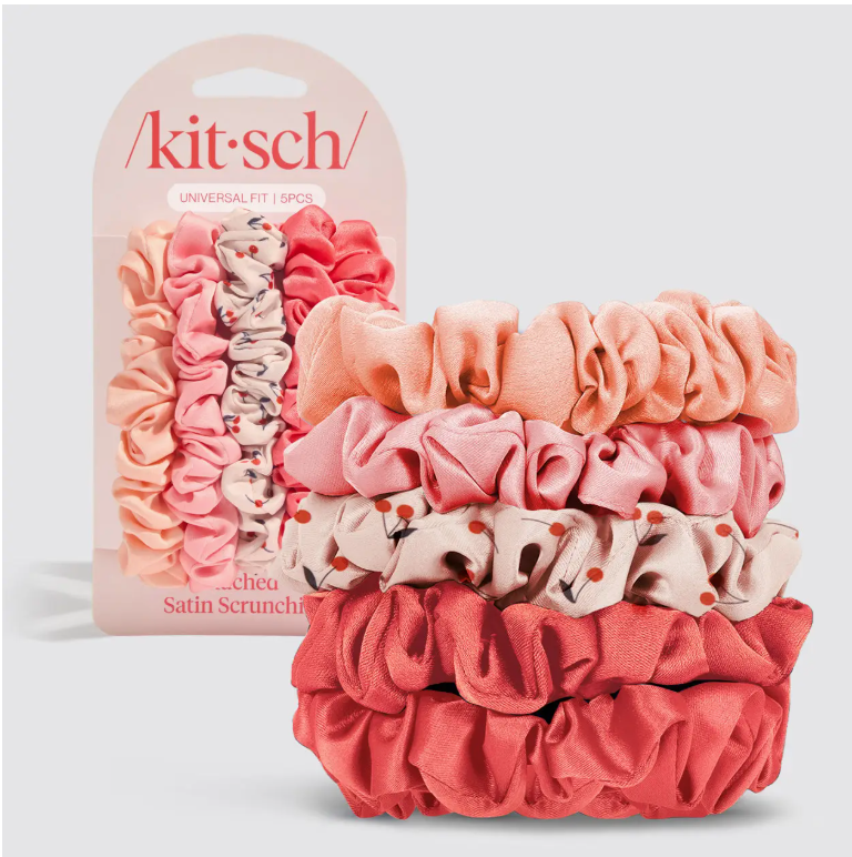 Ruched Satin Scrunchies 5pc Set - Assorted Cherry Blossom