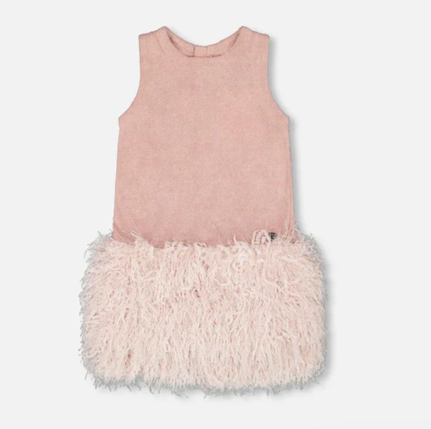 Sleeveless Bi-Material Lurex Dress With Feathers Light Pink