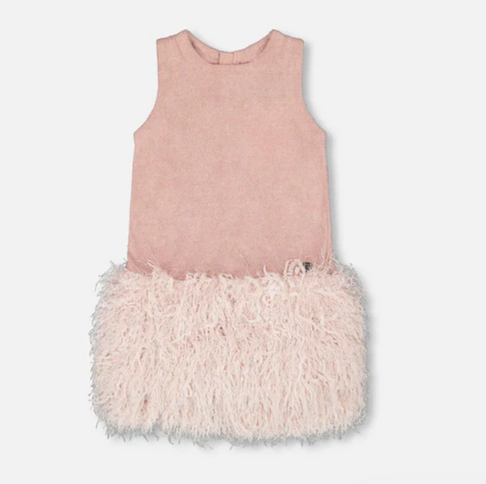 Sleeveless Bi-Material Lurex Dress With Feathers Light Pink