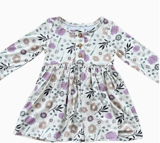 Long Sleeve Henley Dress- Winter Floral - BabySproutsCo