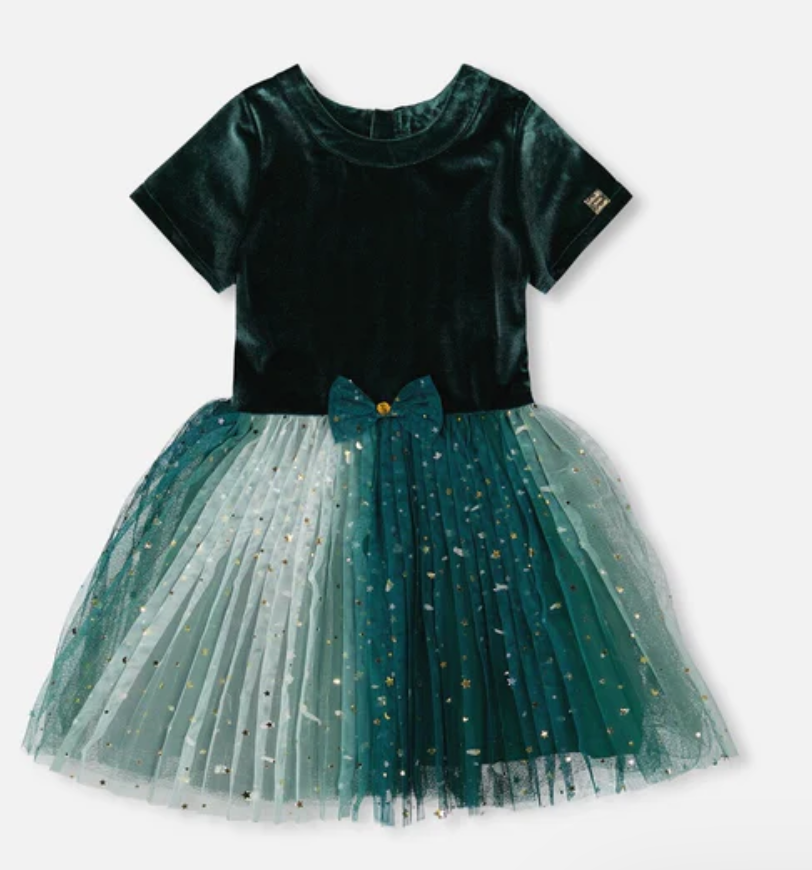 Bi-Material Short Sleeve Party Dress Forest Green - Deux Par Deux