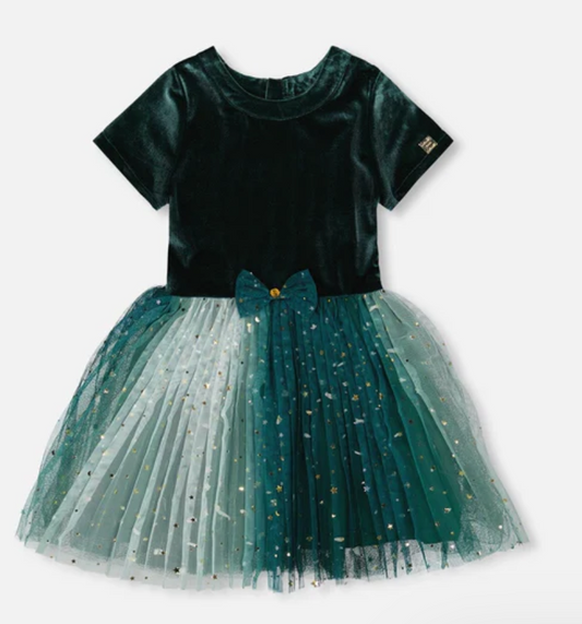 Bi-Material Short Sleeve Party Dress Forest Green - Deux Par Deux