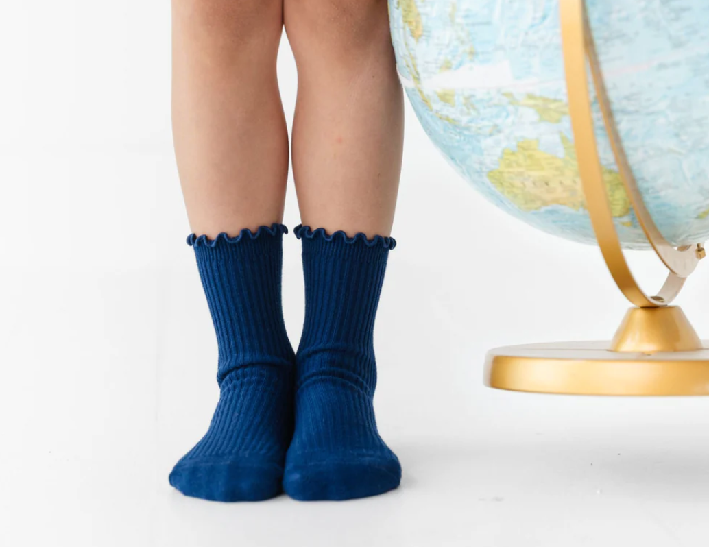 Ribbed Lettuce Trim Midi Socks - Bright Navy