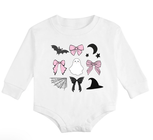 Spooky Coquette Halloween Long Sleeve Romper - White - Sweet Wink