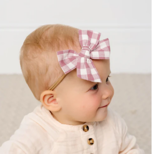 Linen Bow - Mauve Gingham Headband - Lou Lou & Co