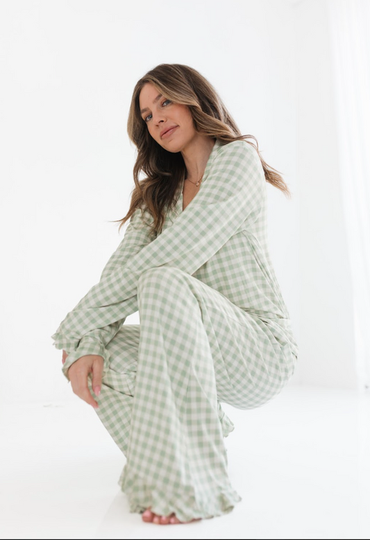 Green Gingham Women's Long Sleeve Ruffle Set - Baby Sweet Pea's Boutique
