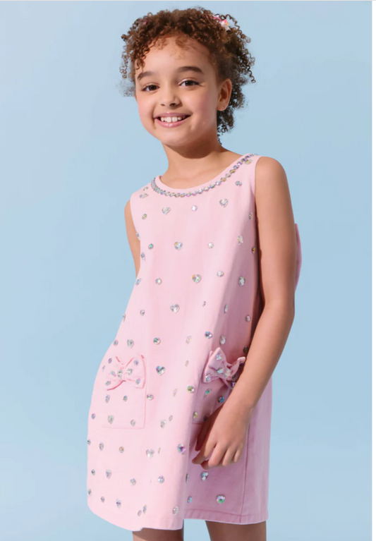 Pink Crystal Heart Denim Bow Dress - Lola and the Boys