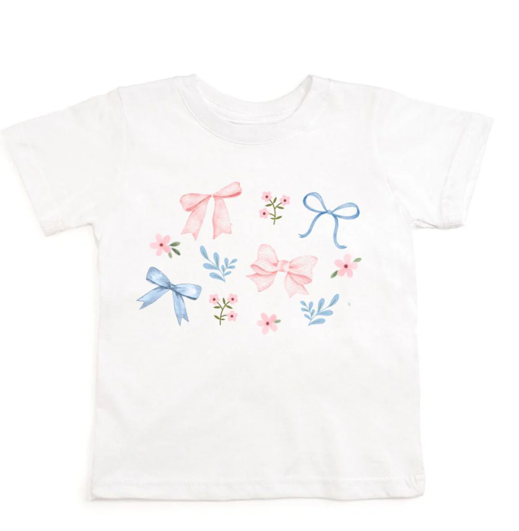 Floral & Bow Watercolor Short Sleeve T-Shirt - White - Sweet Wink