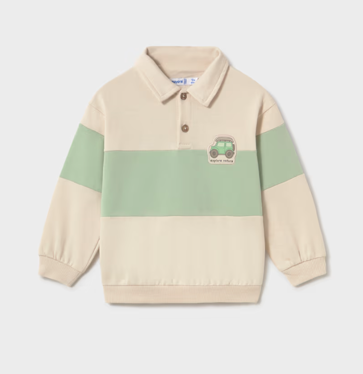 Striped Polo Sweatshirt- Green and Ivory - Mayoral