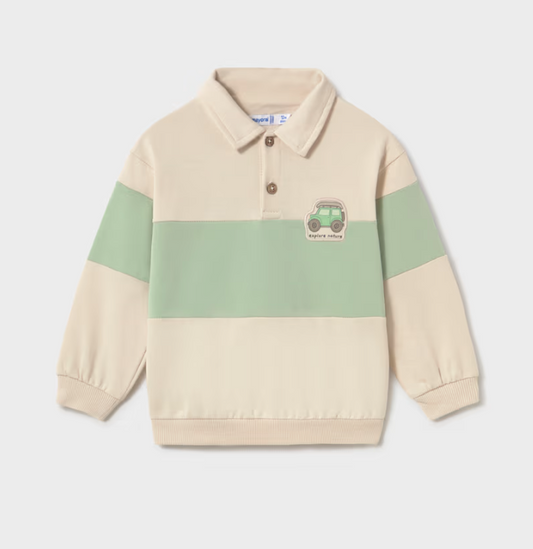 Striped Polo Sweatshirt- Green and Ivory - Mayoral