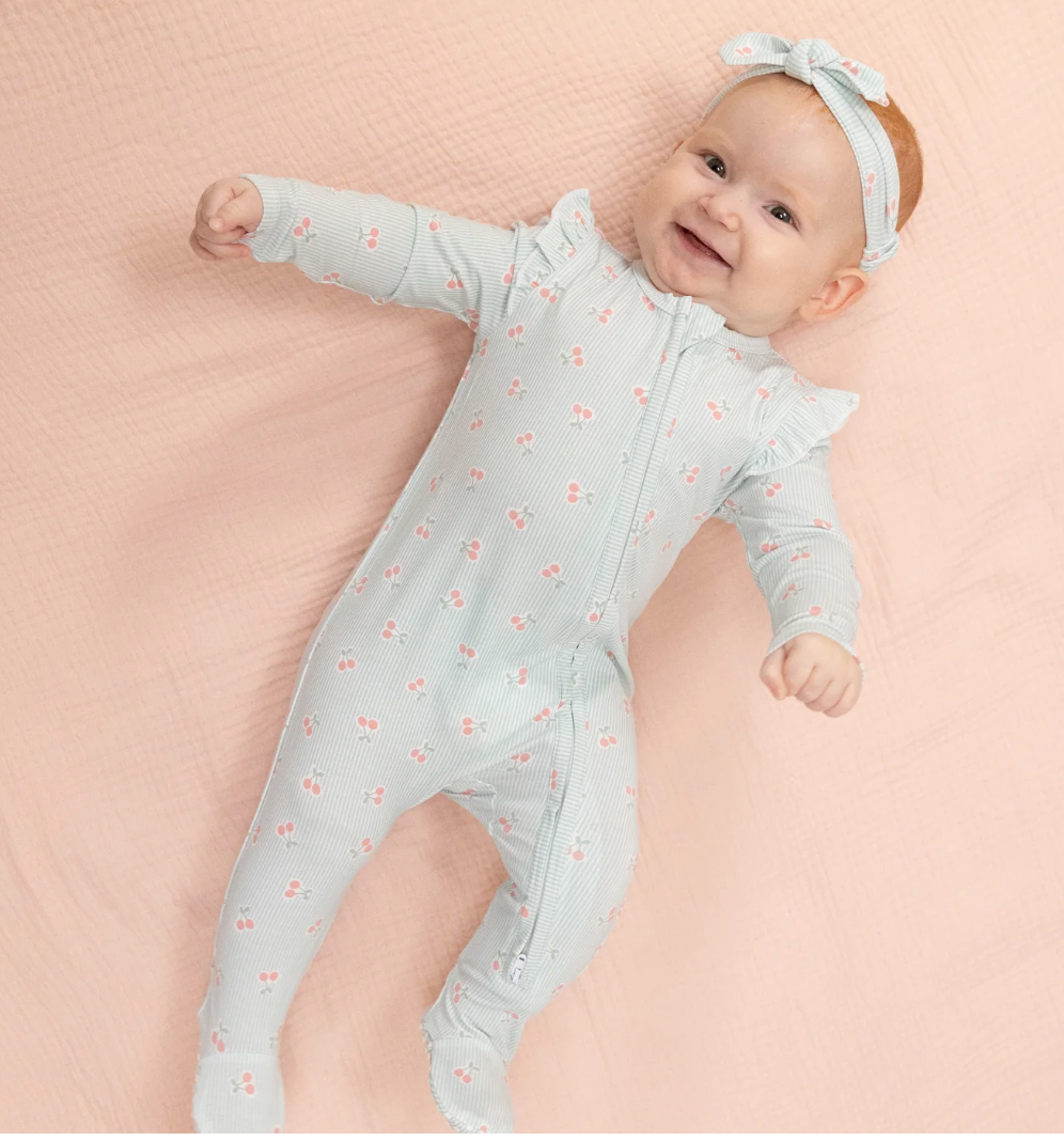 2 Way Ruffle Sleeve Zipper Footie- Tiny Cherry Stripe
