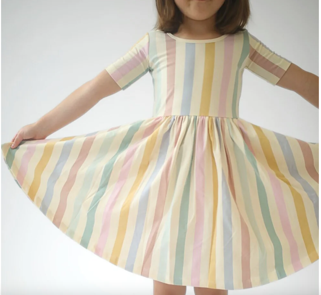 Short Sleeve Twirl Dress in Pastel Stripes - Good Apples