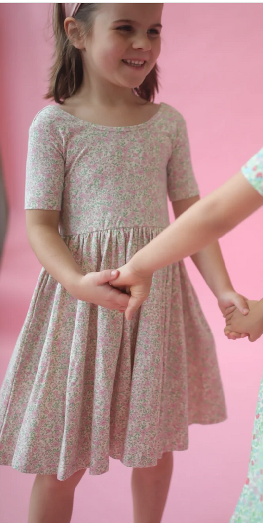 Short Sleeve Twirl Dress in Bella Pink Floral - Good Apples