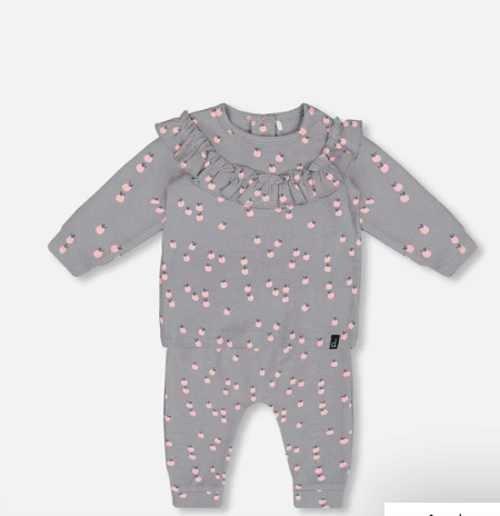 Printed Organic Cotton Top And Pants Set Gray With Apples