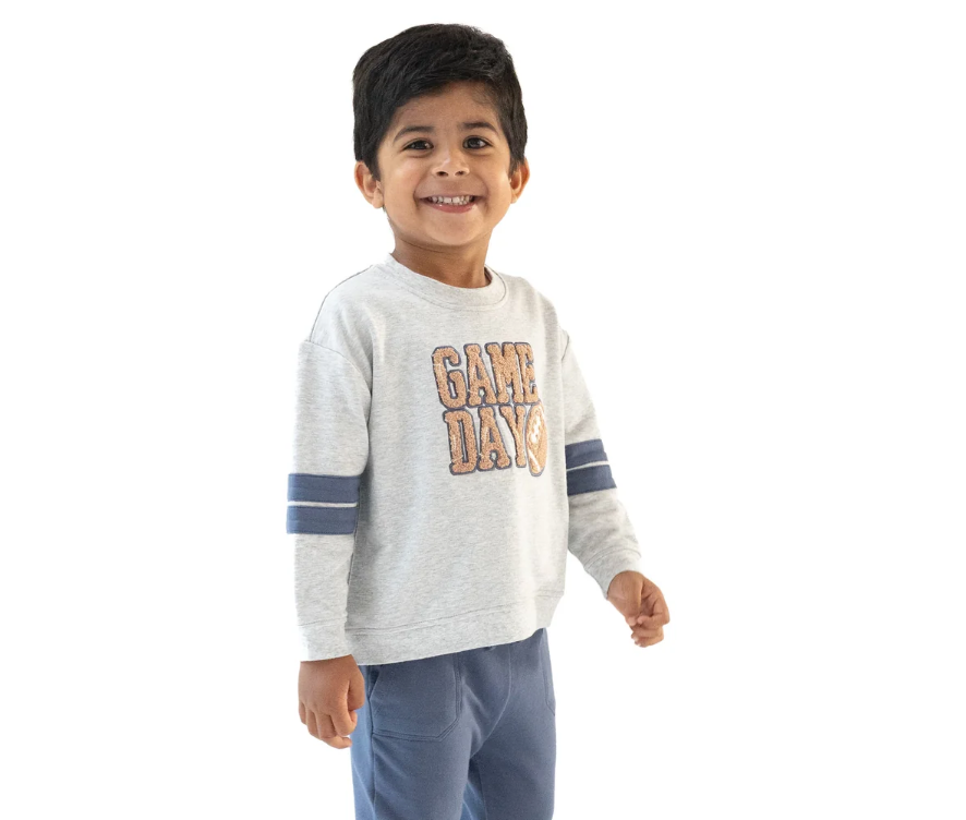 Cozy Drop Sleeve Sweatshirt with Varsity Stripes- Grey - Angel Dear