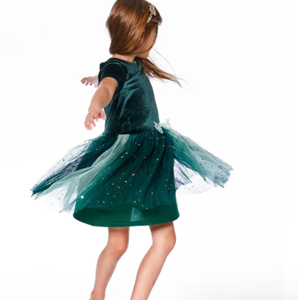 Bi-Material Short Sleeve Party Dress Forest Green - Deux Par Deux