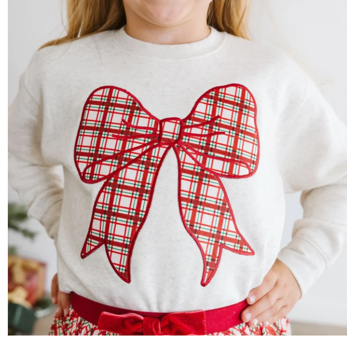 Christmas Plaid Bow Patch Sweatshirt - Natural