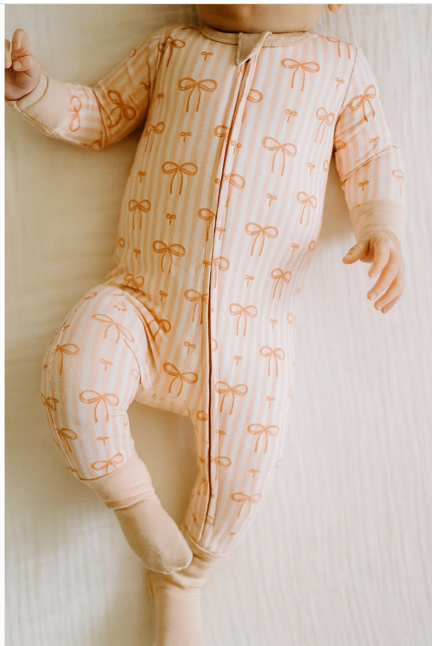 Bow Stripe - Footy Pajamas - Bamboo