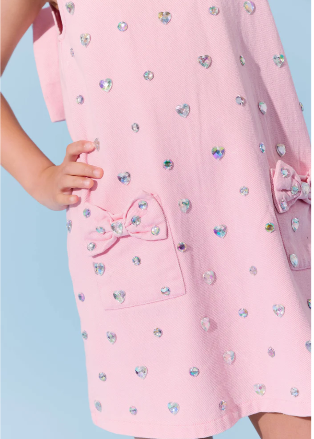 Lola and the Boys | Pink Crystal Heart Denim Bow Dress