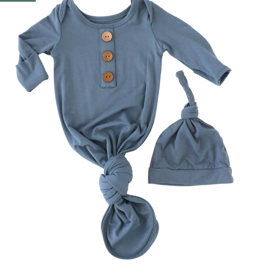 Solid Dusty Blue Bamboo Baby Knot Gown & Hat - Caden Lane