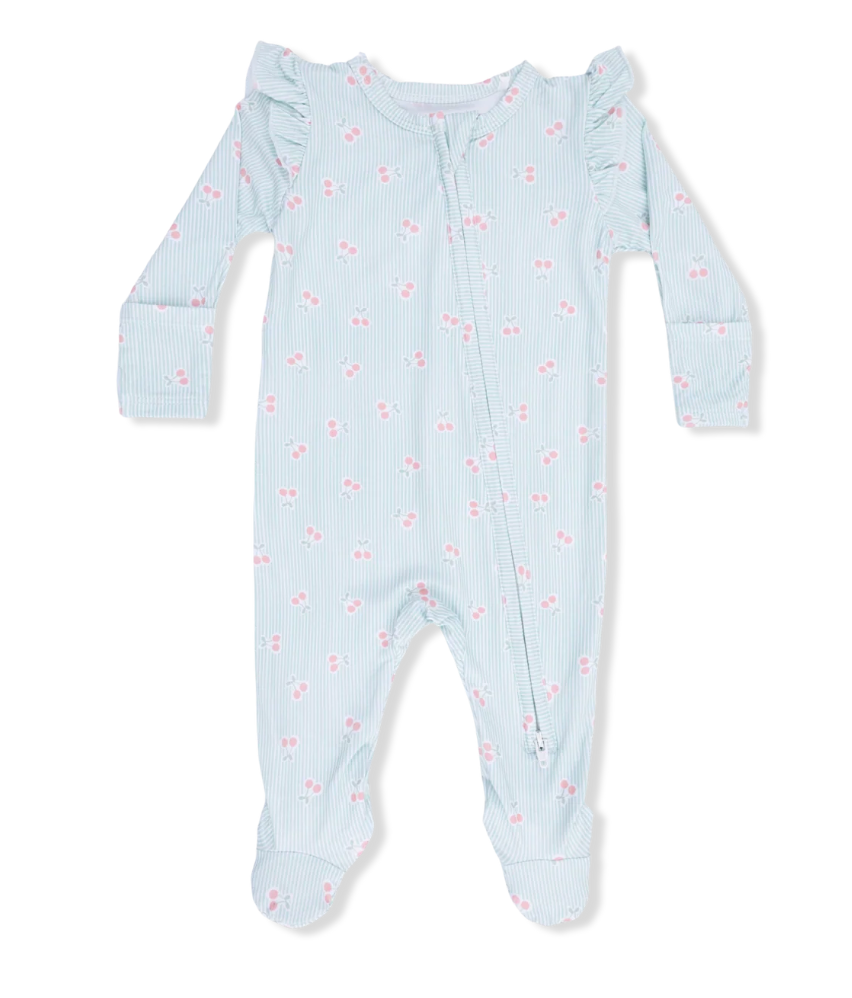 2 Way Ruffle Sleeve Zipper Footie- Tiny Cherry Stripe