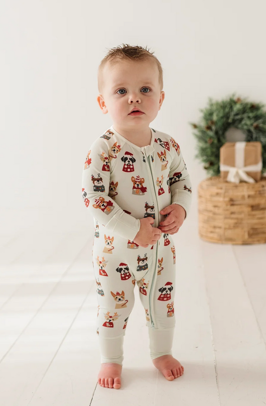 Long Sleeve Zip Romper Christmas Dogs