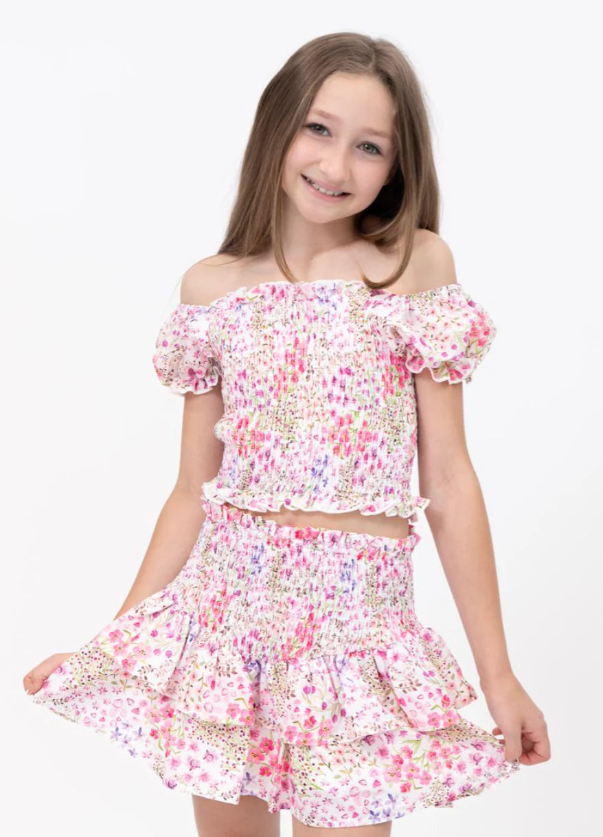 Spring Garden Floral Puff Sleeve Top & Skirt Set
