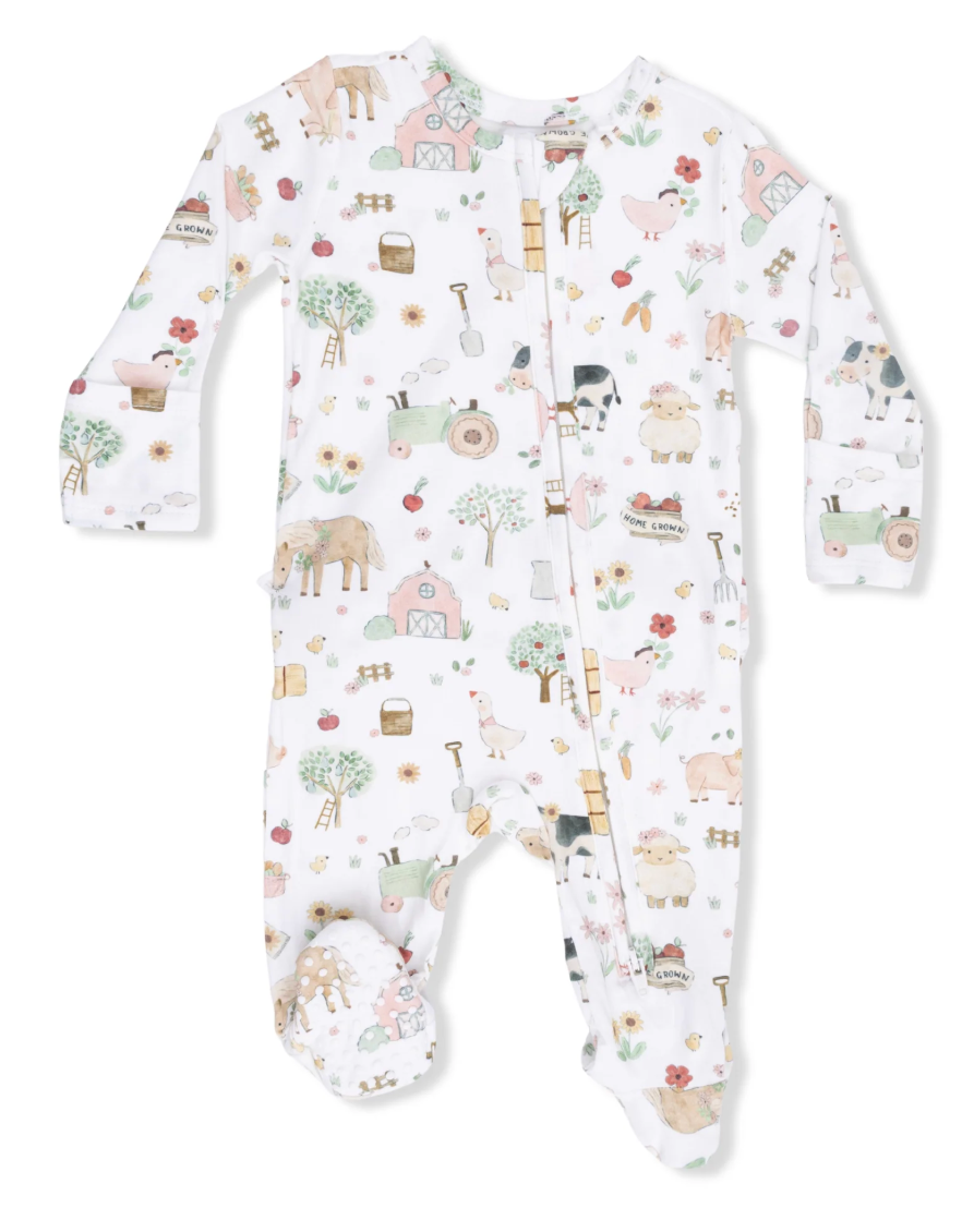 Cute Farm Animals Pink  2 Way Ruffle Back Zipper Footie - Angel Dear
