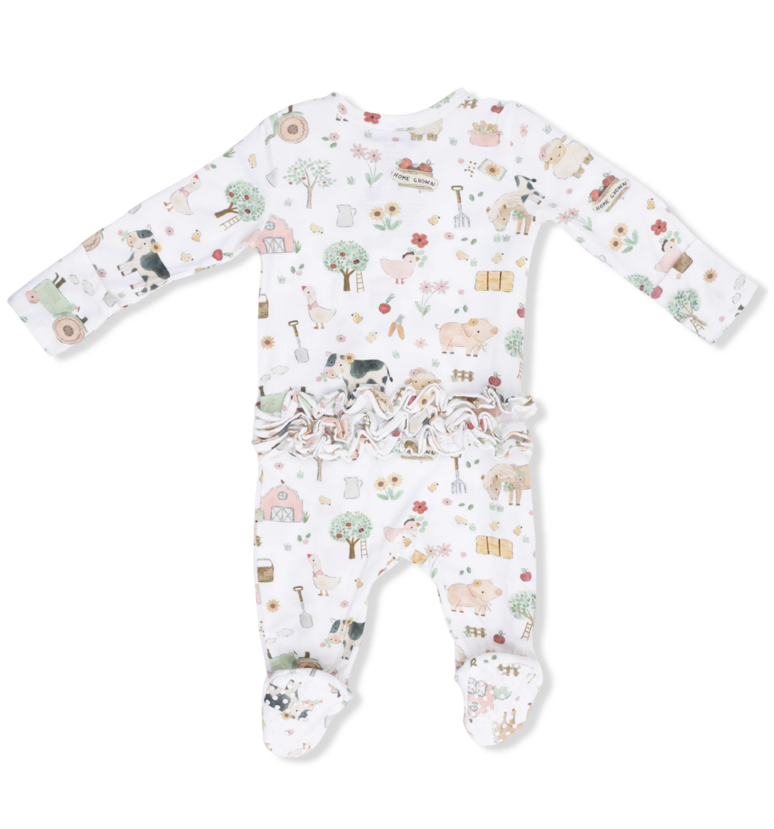 Cute Farm Animals Pink  2 Way Ruffle Back Zipper Footie - Angel Dear