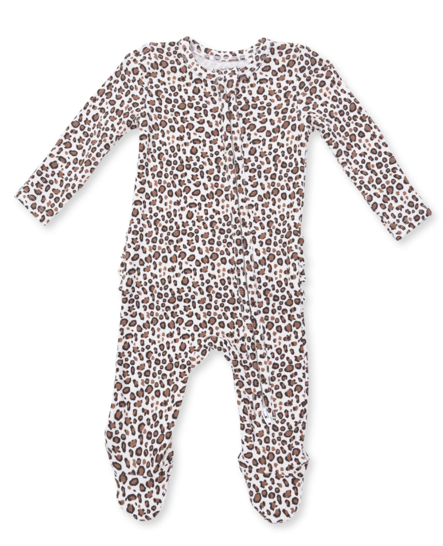 Leopard Rib 2 Way Ruffle Back Zipper Footie