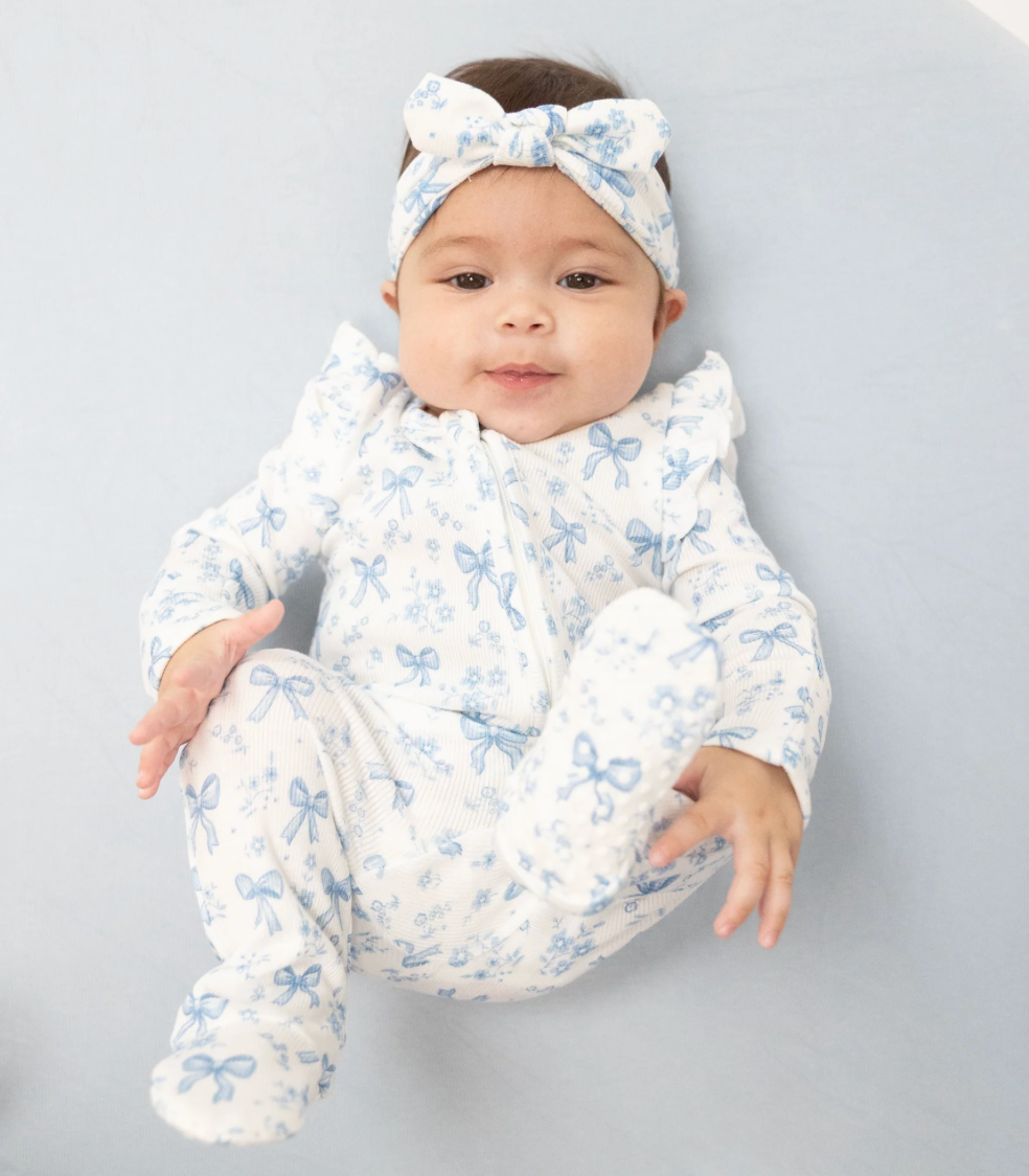 Blue Bows and Flowers 2 Way Ruffle Sleeve Zipper Footie