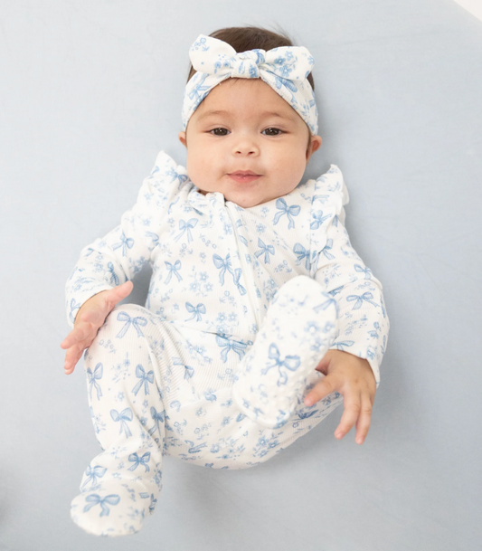 Blue Bows and Flowers 2 Way Ruffle Sleeve Zipper Footie - Angel Dear