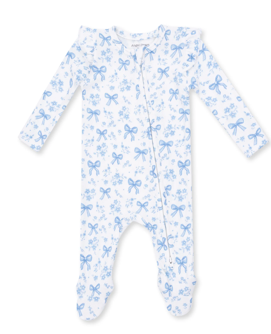Blue Bows and Flowers 2 Way Ruffle Sleeve Zipper Footie