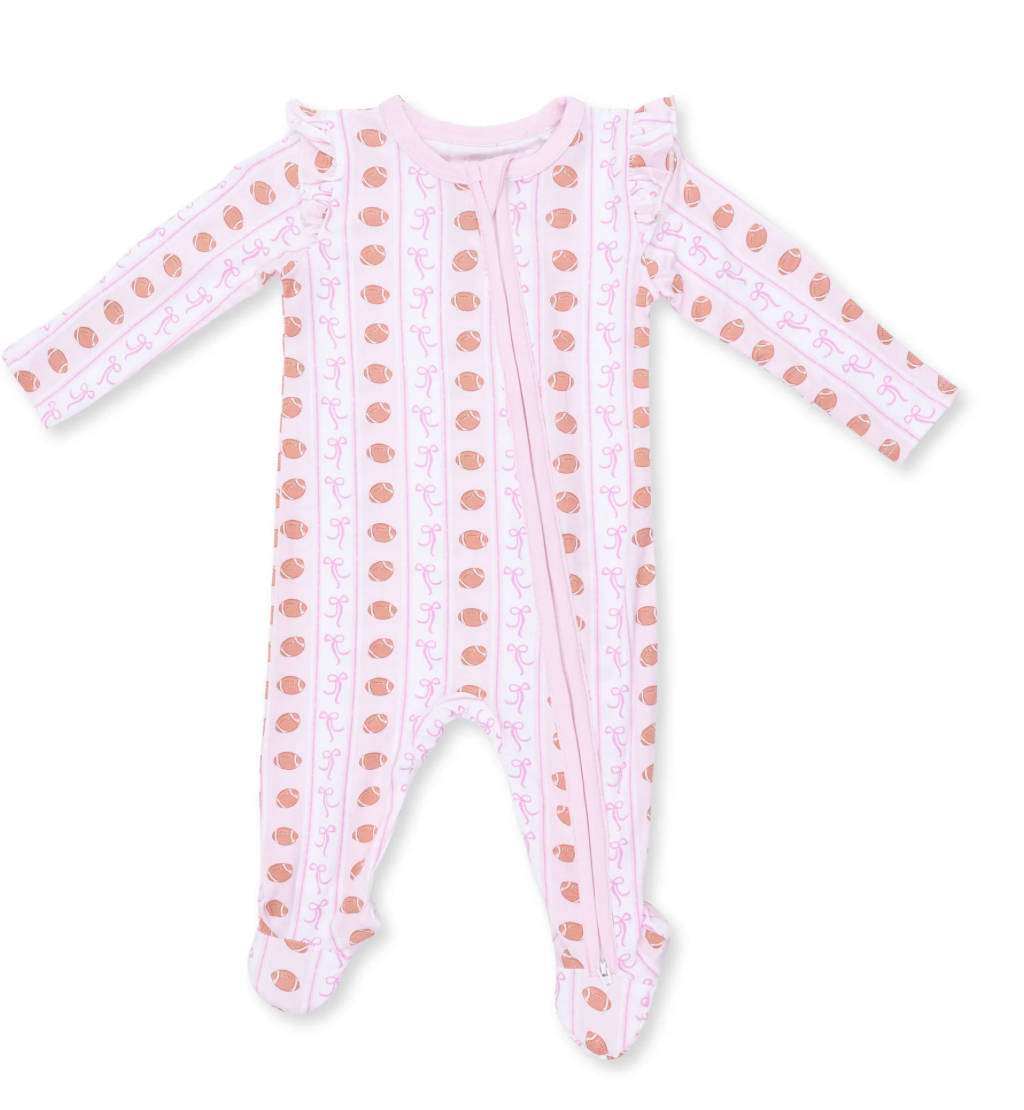 Football Bow Stripe 2 Way Ruffle Sleeve Zipper Footie