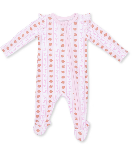 Football Bow Stripe 2 Way Ruffle Sleeve Zipper Footie - Angel Dear
