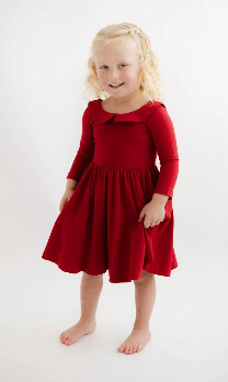 3/4 Sleeve Twirl Dress in Solid Classic Red Collared