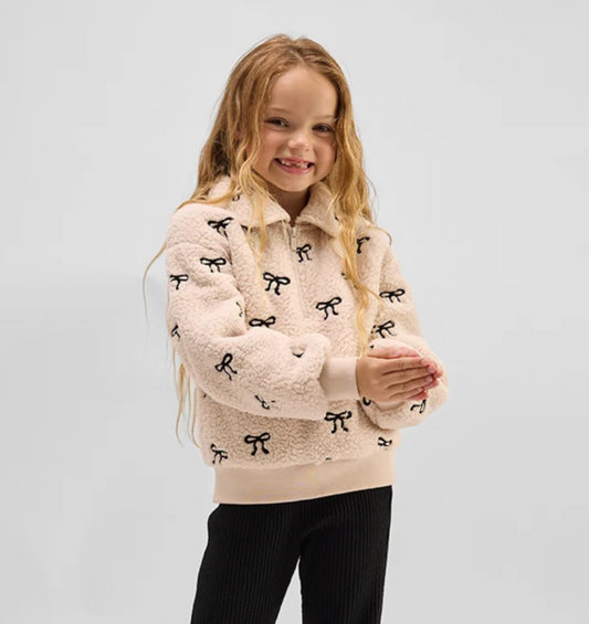 Bows Embroidered Sherpa Almond Half-Zip Pull-Over - Big Girl