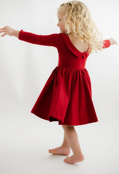 3/4 Sleeve Twirl Dress in Solid Classic Red Collared