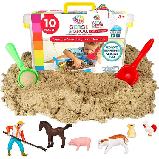 Sense & Grow Sensory Sand Activity Kit - Sand Bin with 6 Farm Animal Figurines