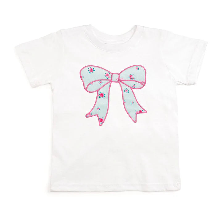Sky Blue Floral Bow Patch Short Sleeve T-Shirt - White - Sweet Wink