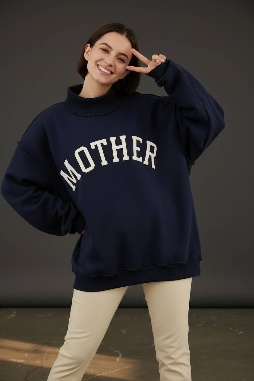 'MOTHER' Embroidered Mock Neck Sweatshirt