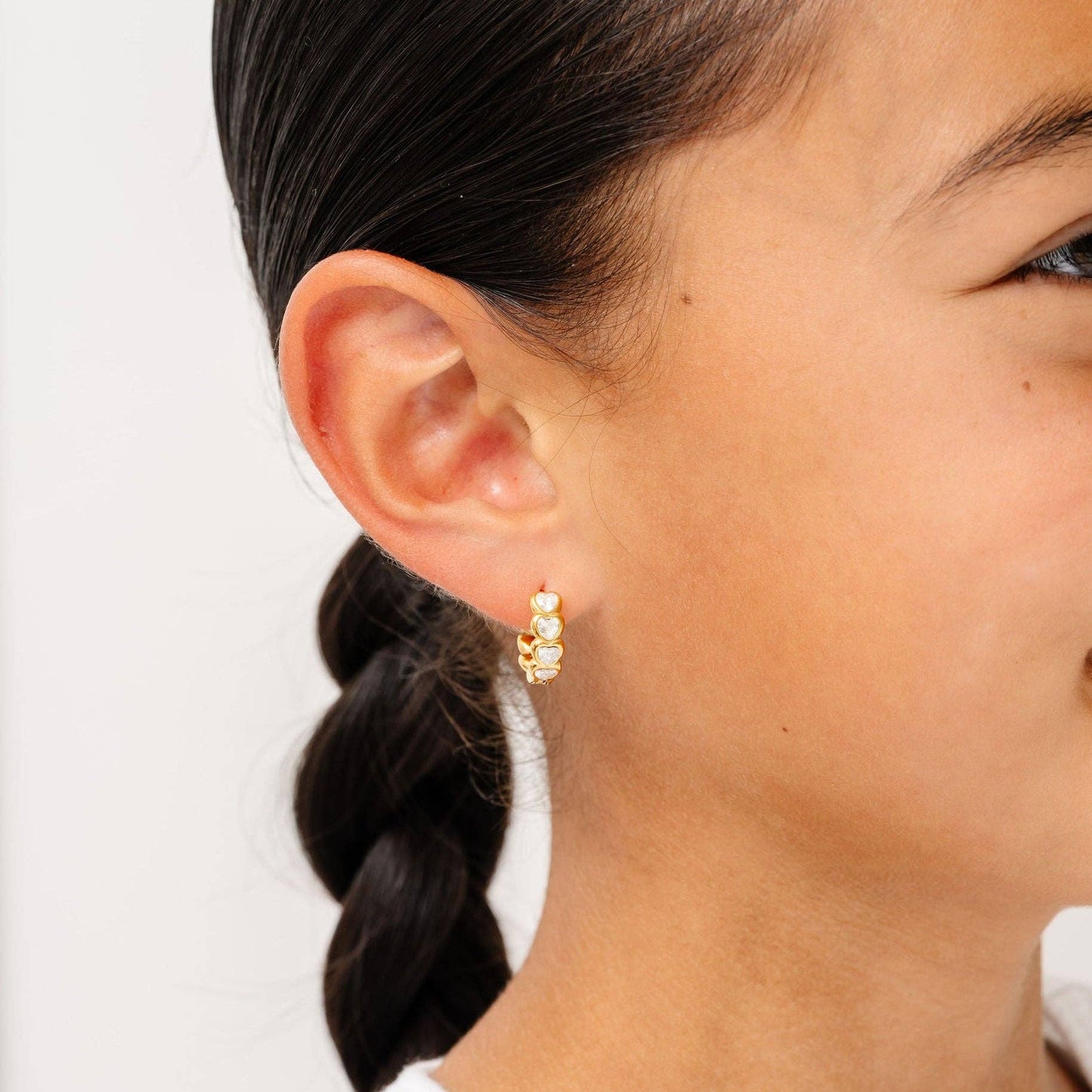 Heart Gem Hoop Earrings - Hypoallergenic, Flat Back, Girl : Pink / Pair