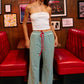 Contrast Drawstring Wide Leg Striped Lounge Pants: GREEN/IVORY