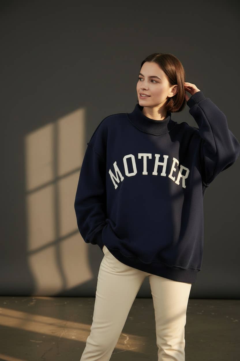 'MOTHER' Embroidered Mock Neck Sweatshirt