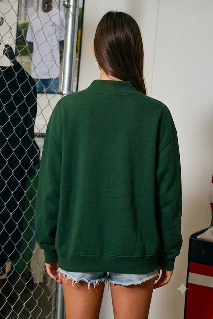 "MERRY" Polka-Dot Mock-Neck Sweatshirt: HUNTER GREEN