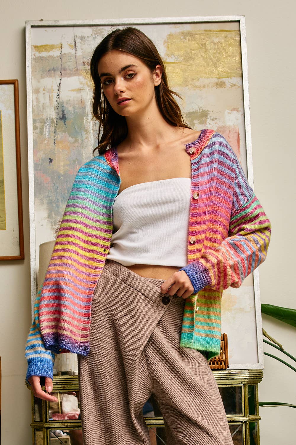 Space-Dye Striped Button-Down Cardigan: RAINBOW