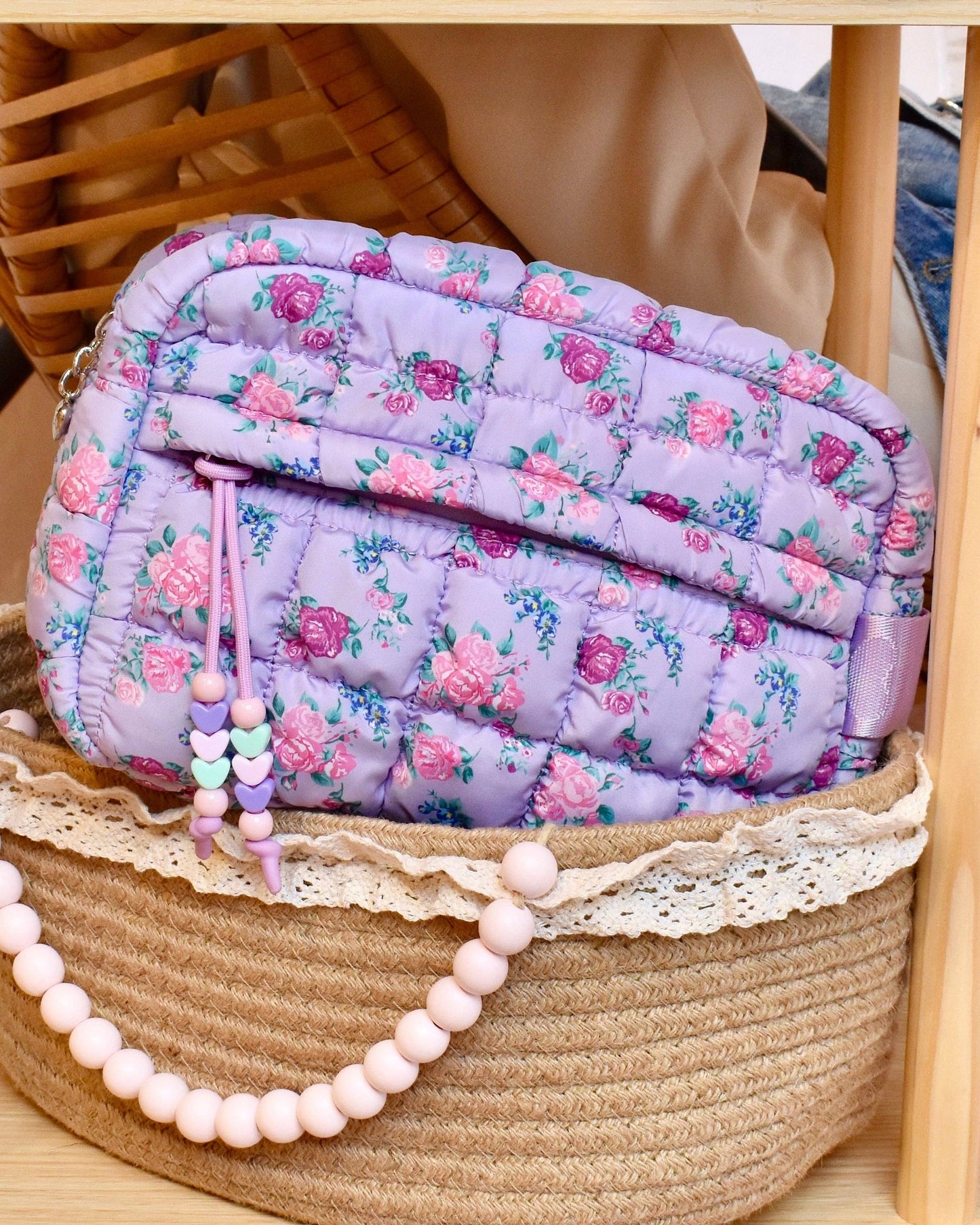 Quilted Scrunchies Floral Printed Pouch: Lavender Floral Print Scrunch